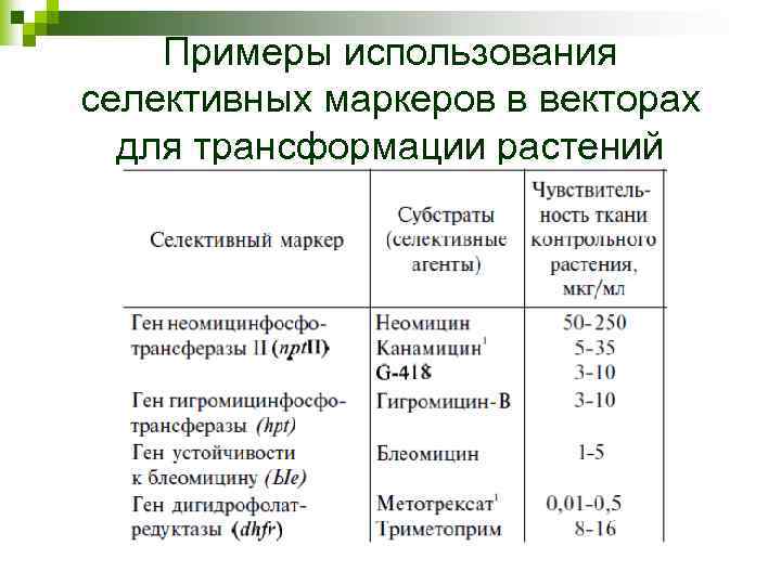 Примеры использования селективных маркеров в векторах для трансформации растений 