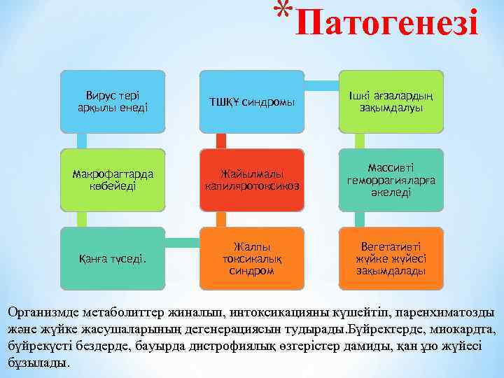 *Патогенезі Вирус тері арқылы енеді ТШҚҰ синдромы Ішкі ағзалардың зақымдалуы Макрофагтарда көбейеді Жайылмалы капиляротоксикоз