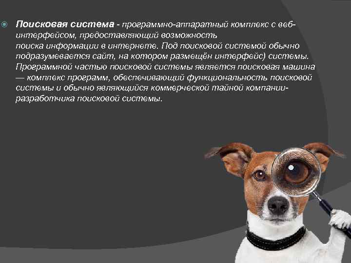  Поисковая система - программно-аппаратный комплекс с вебинтерфейсом, предоставляющий возможность поиска информации в интернете.