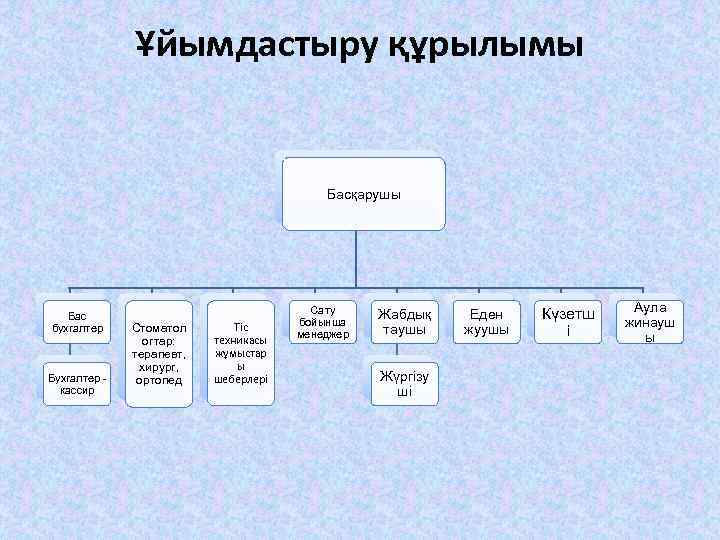 Ұйымдастыру құрылымы Басқарушы Бас бухгалтер Бухгалтер кассир Стоматол огтар: терапевт, хирург, ортопед Тіс техникасы