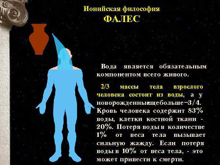 Ионийская философия ФАЛЕС Вода является обязательным компонентом всего живого. 2/3 массы тела взрослого человека
