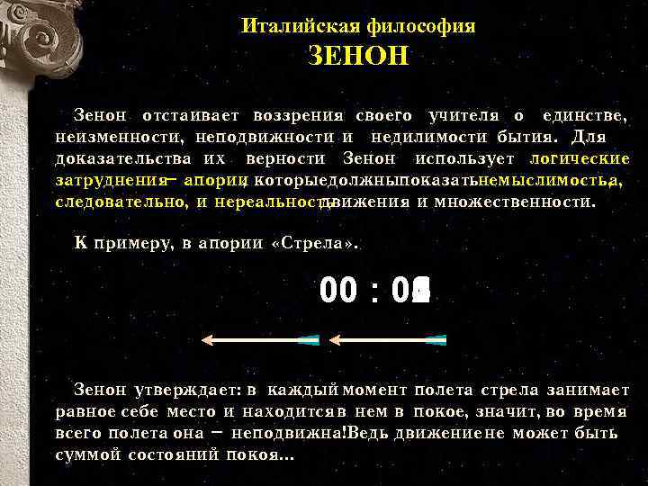 Италийская философия ЗЕНОН Зенон отстаивает воззрения своего учителя о единстве, неизменности, неподвижности и недилимости