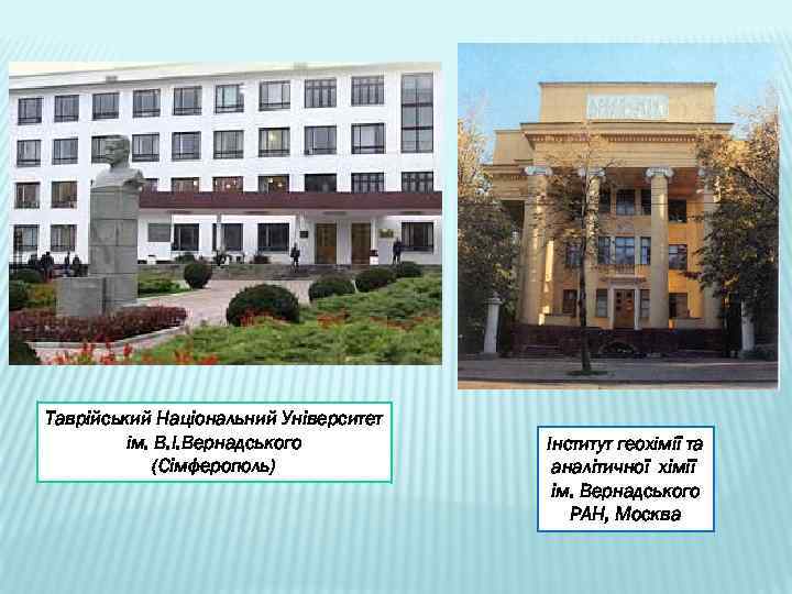 Таврійський Національний Університет ім. В. І. Вернадського (Сімферополь) Інститут геохімії та аналітичної хімії ім.