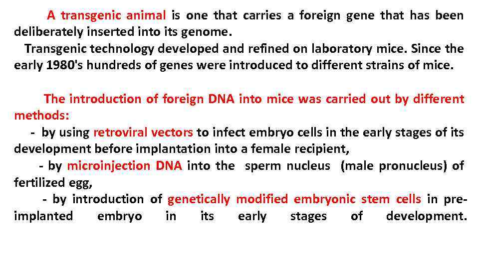  A transgenic animal is one that carries a foreign gene that has been