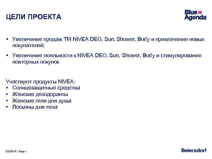 ЦЕЛИ ПРОЕКТА § Увеличение продаж ТМ NIVEA DEO, Sun, Shower, Body и привлечение новых