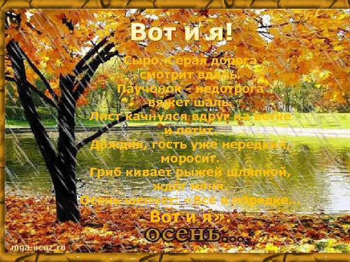 Вот и я! Сыро. Серая дорога смотрит вдаль. Паучонок - недотрога вяжет шаль. Лист