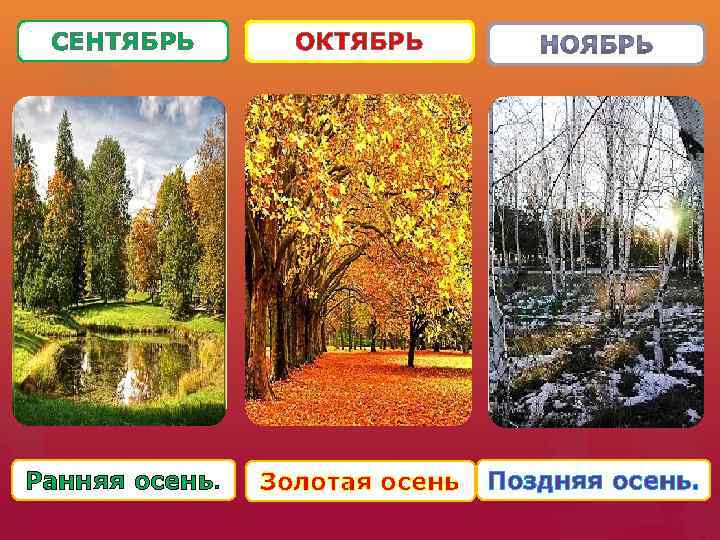 СЕНТЯБРЬ ОКТЯБРЬ Ранняя осень. Золотая осень Поздняя осень. 