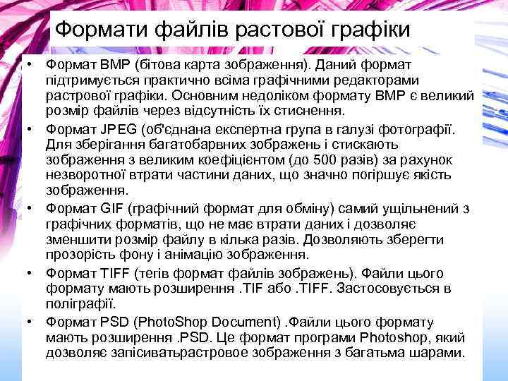 Формати файлів растової графіки • Формат BMP (бітова карта зображення). Даний формат підтримується практично