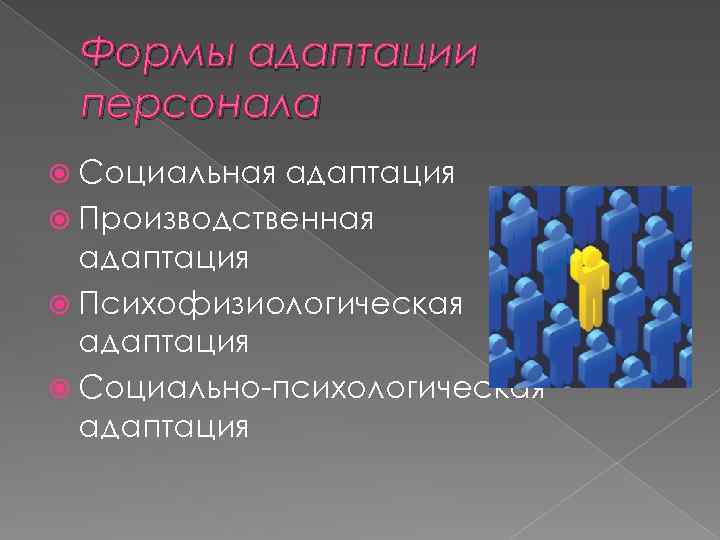 Формы адаптации персонала Социальная адаптация Производственная адаптация Психофизиологическая адаптация Социально-психологическая адаптация 