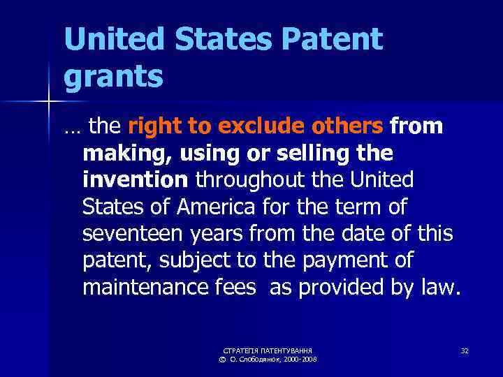 United States Patent grants … the right to exclude others from making, using or