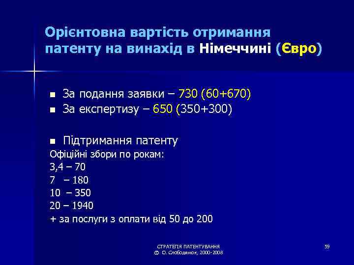 Орієнтовна вартість отримання патенту на винахід в Німеччині (Євро) n За подання заявки –