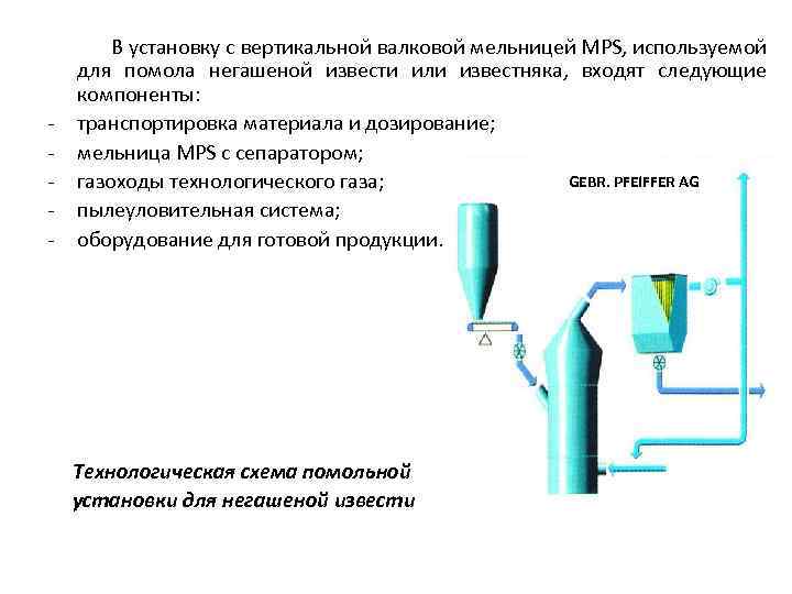  В установку с вертикальной валковой мельницей MPS, используемой для помола негашеной извести или