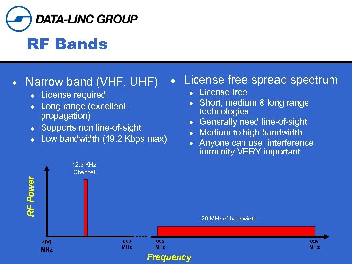 RF Bands Narrow band (VHF, UHF) License required ¨ Long range (excellent propagation) ¨