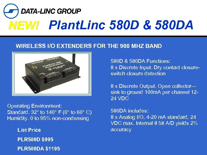 NEW! Plant. Linc 580 D & 580 DA WIRELESS I/O EXTENDERS FOR THE 900