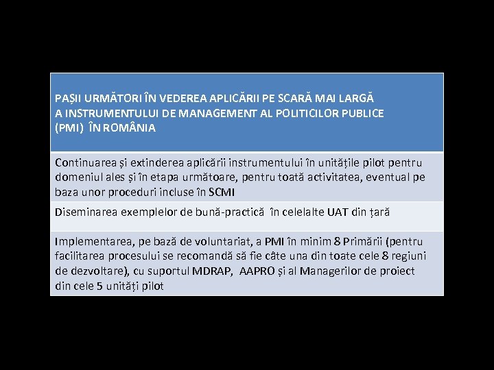 PAȘII URMĂTORI ÎN VEDEREA APLICĂRII PE SCARĂ MAI LARGĂ A INSTRUMENTULUI DE MANAGEMENT AL