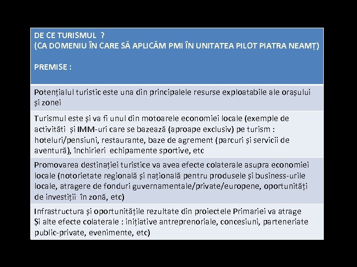 DE CE TURISMUL ? (CA DOMENIU ÎN CARE SĂ APLICĂM PMI ÎN UNITATEA PILOT