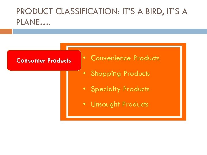 PRODUCT CLASSIFICATION: IT’S A BIRD, IT’S A PLANE…. Consumer Products • Convenience Products •