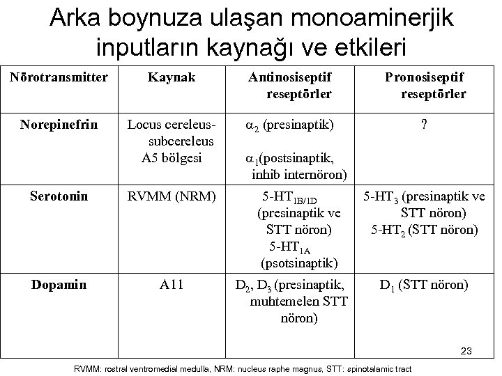 Arka boynuza ulaşan monoaminerjik inputların kaynağı ve etkileri Nörotransmitter Kaynak Antinosiseptif reseptörler Pronosiseptif reseptörler