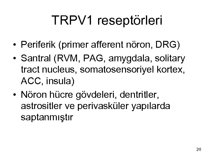 TRPV 1 reseptörleri • Periferik (primer afferent nöron, DRG) • Santral (RVM, PAG, amygdala,