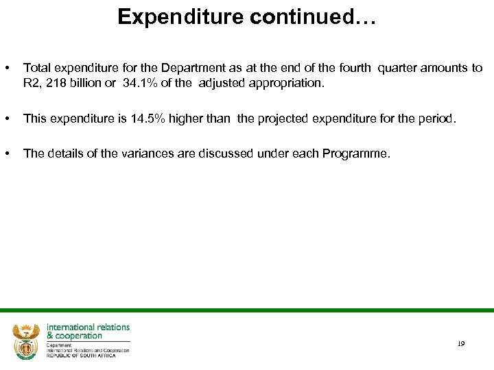 Expenditure continued… • Total expenditure for the Department as at the end of the