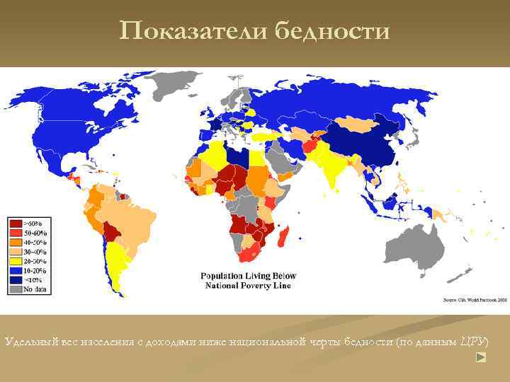 Показатели бедности Удельный вес населения с доходами ниже национальной черты бедности (по данным ЦРУ)