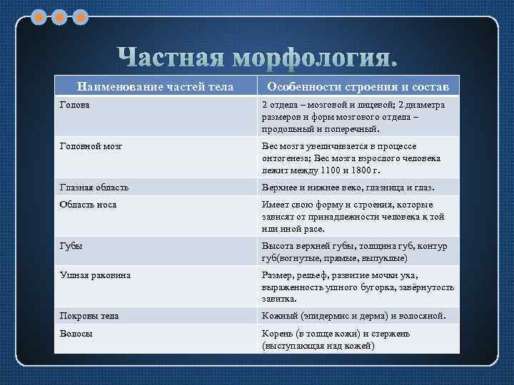 Частная морфология. Наименование частей тела Особенности строения и состав Голова 2 отдела – мозговой