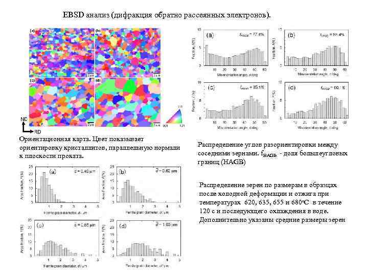EBSD анализ (дифракция обратно рассеянных электронов). Ориентационная карта. Цвет показывает ориентировку кристаллитов, параллельную нормали