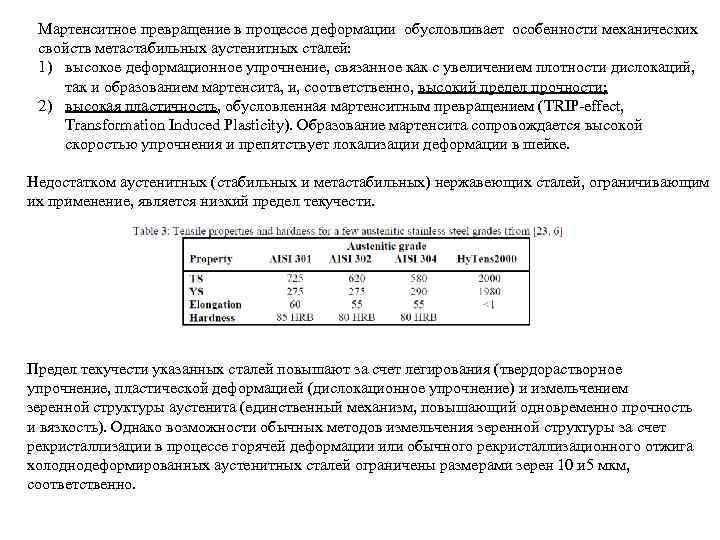 Мартенситное превращение в процессе деформации обусловливает особенности механических свойств метастабильных аустенитных сталей: 1) высокое