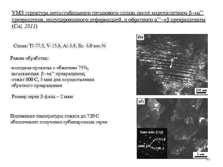 УМЗ структура метастабильного титанового сплава после мартенситного β α’’ превращения, индуцированного деформацией, и обратного