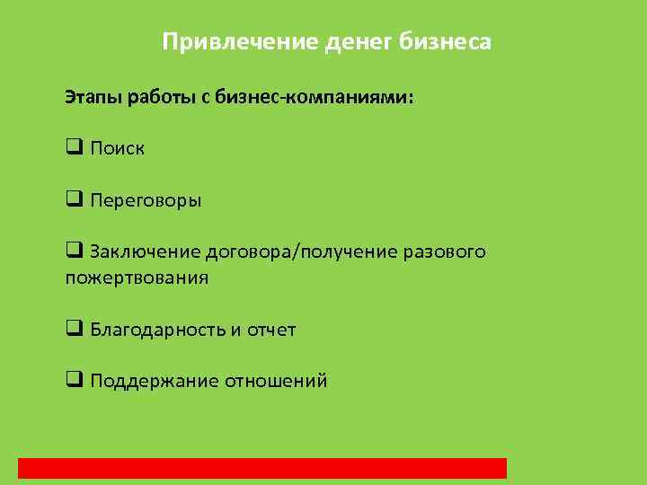 Привлечение денег бизнеса Этапы работы с бизнес-компаниями: q Поиск q Переговоры q Заключение договора/получение