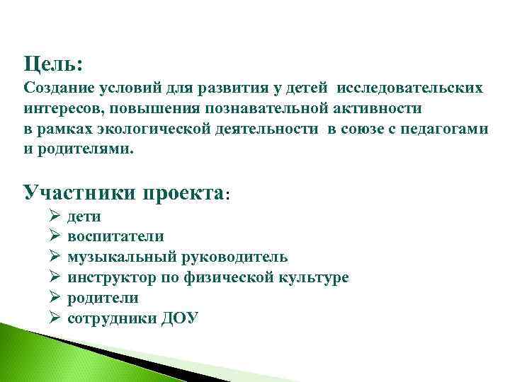 Цель: Создание условий для развития у детей исследовательских интересов, повышения познавательной активности в рамках