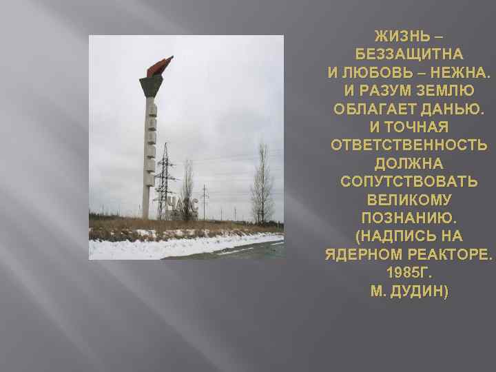 ЖИЗНЬ – БЕЗЗАЩИТНА И ЛЮБОВЬ – НЕЖНА. И РАЗУМ ЗЕМЛЮ ОБЛАГАЕТ ДАНЬЮ. И ТОЧНАЯ