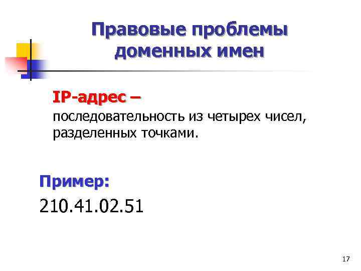 Правовые проблемы доменных имен IP-адрес – последовательность из четырех чисел, разделенных точками. Пример: 210.