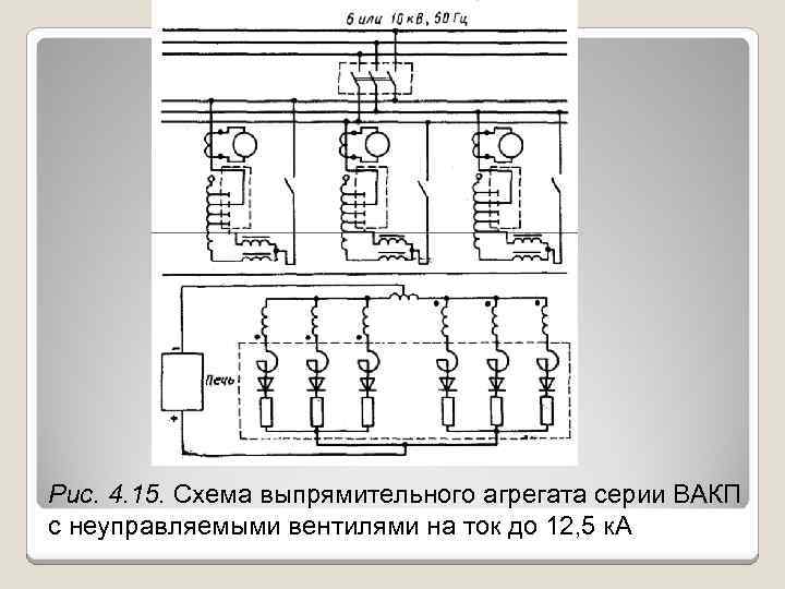 Рис. 4. 15. Схема выпрямительного агрегата серии ВАКП с неуправляемыми вентилями на ток до