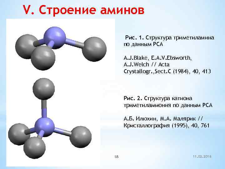 V. Строение аминов Рис. 1. Структура триметиламина по данным РСА A. J. Blake, E.