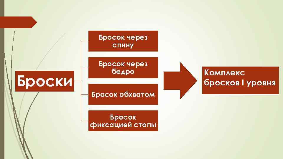 Бросок через спину Броски Бросок через бедро Бросок обхватом Бросок фиксацией стопы Комплекс бросков