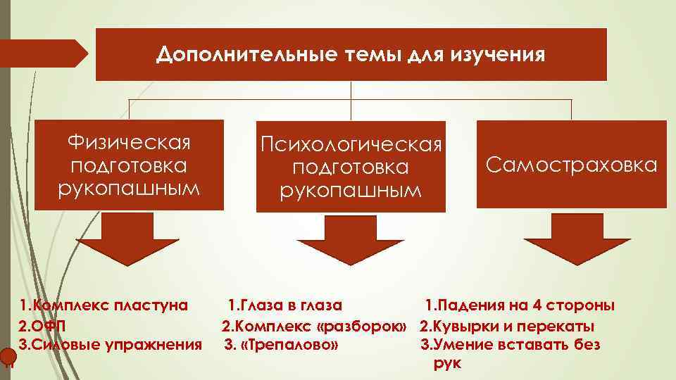 Дополнительные темы для изучения Физическая подготовка рукопашным п 1. Комплекс пластуна 2. ОФП 3.