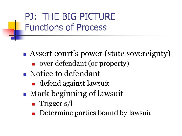 PJ: THE BIG PICTURE Functions of Process n Assert court’s power (state sovereignty) n