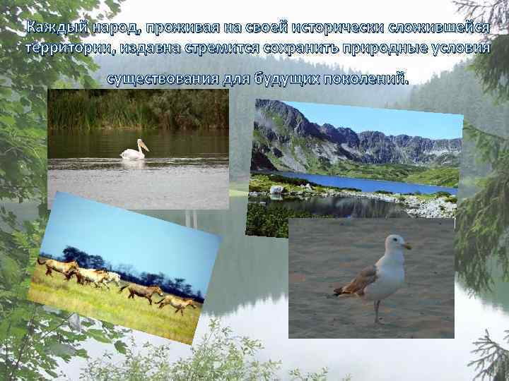 Каждый народ, проживая на своей исторически сложившейся территории, издавна стремится сохранить природные условия существования