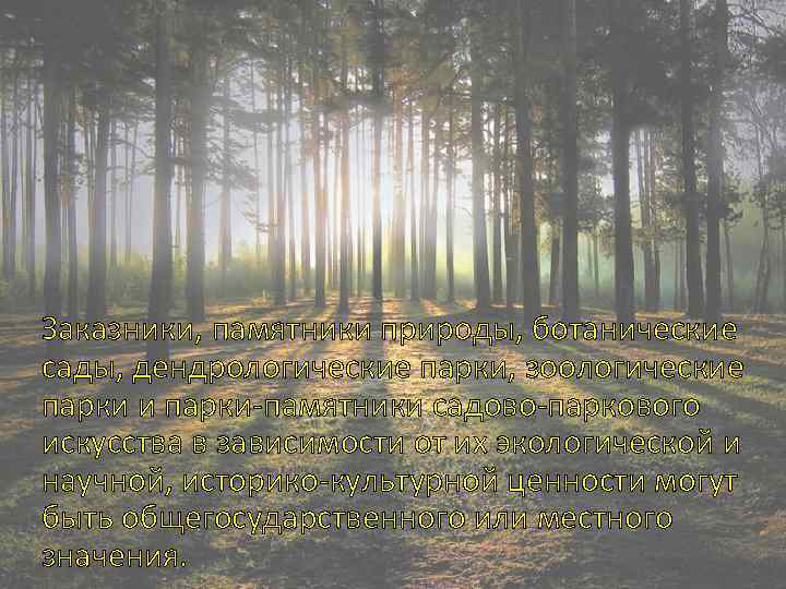 Заказники, памятники природы, ботанические сады, дендрологические парки, зоологические парки и парки-памятники садово-паркового искусства в