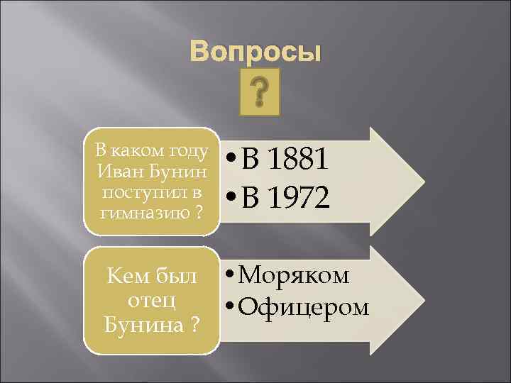 Вопросы В каком году Иван Бунин поступил в гимназию ? • В 1881 •