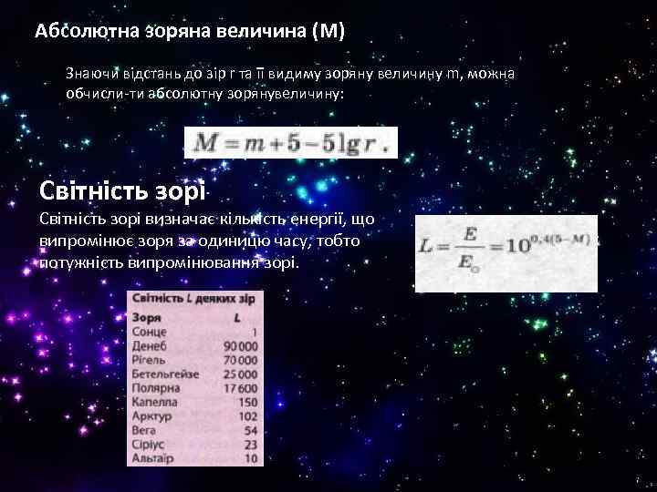 Абсолютна зоряна величина (М) Знаючи відстань до зір r та її видиму зоряну величину