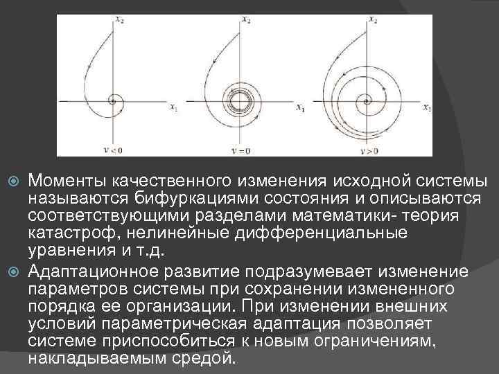 Моменты качественного изменения исходной системы называются бифуркациями состояния и описываются соответствующими разделами математики- теория