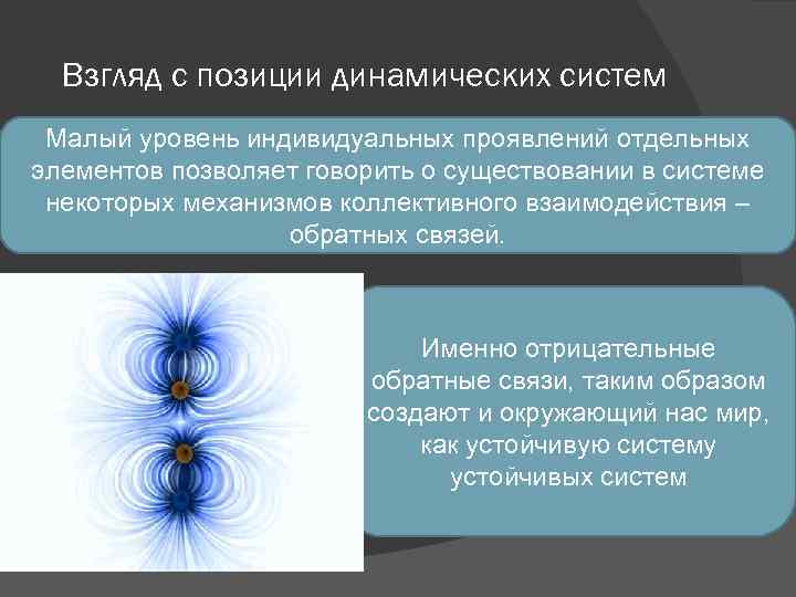 Взгляд с позиции динамических систем Малый уровень индивидуальных проявлений отдельных элементов позволяет говорить о