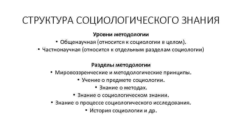 СТРУКТУРА СОЦИОЛОГИЧЕСКОГО ЗНАНИЯ Уровни методологии • Общенаучная (относится к социологии в целом). • Частнонаучная