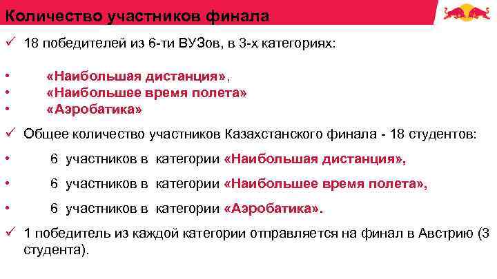 Количество участников финала ü 18 победителей из 6 -ти ВУЗов, в 3 -х категориях: