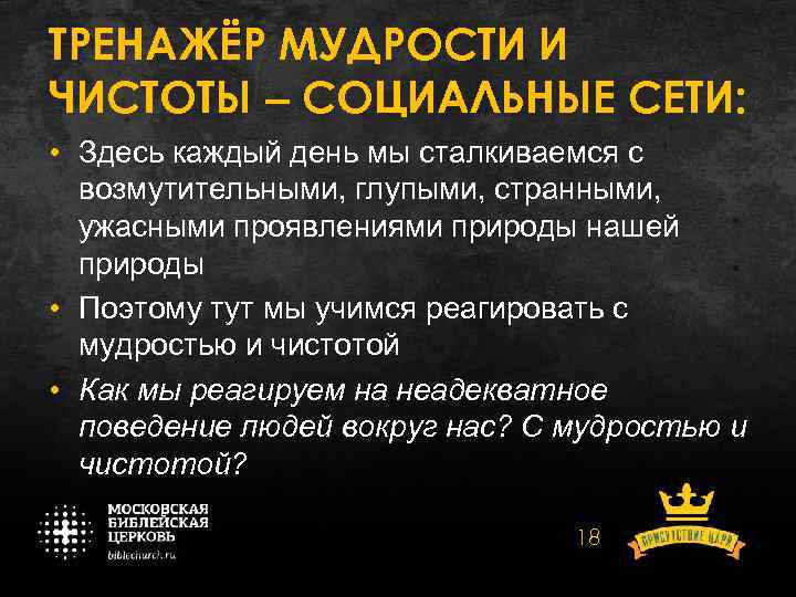 ТРЕНАЖЁР МУДРОСТИ И ЧИСТОТЫ – СОЦИАЛЬНЫЕ СЕТИ: • Здесь каждый день мы сталкиваемся с