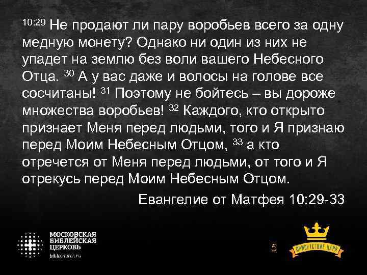 10: 29 Не продают ли пару воробьев всего за одну медную монету? Однако ни