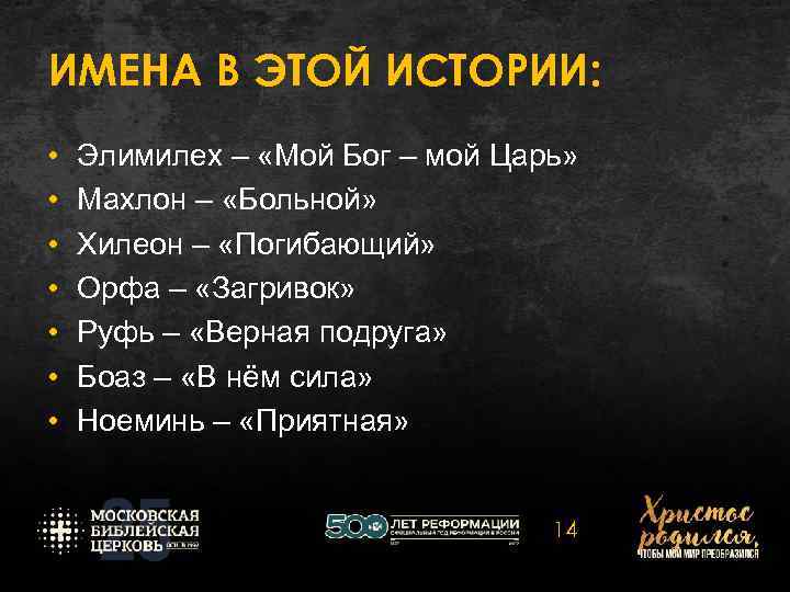 ИМЕНА В ЭТОЙ ИСТОРИИ: • • Элимилех – «Мой Бог – мой Царь» Махлон