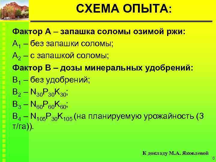 СХЕМА ОПЫТА: Фактор А – запашка соломы озимой ржи: А 1 – без запашки